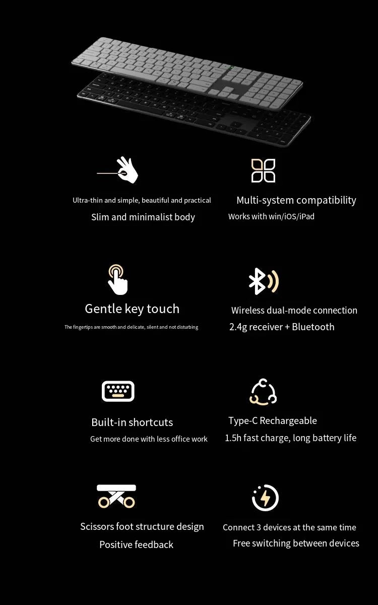 IFXLIFE Universal Wireless Bluetooth Keyboard – Rechargeable Slim Metal Frame Full-Size with Numeric Keys for Windows & macOS