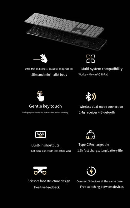 IFXLIFE Universal Wireless Bluetooth Keyboard – Rechargeable Slim Metal Frame Full-Size with Numeric Keys for Windows & macOS