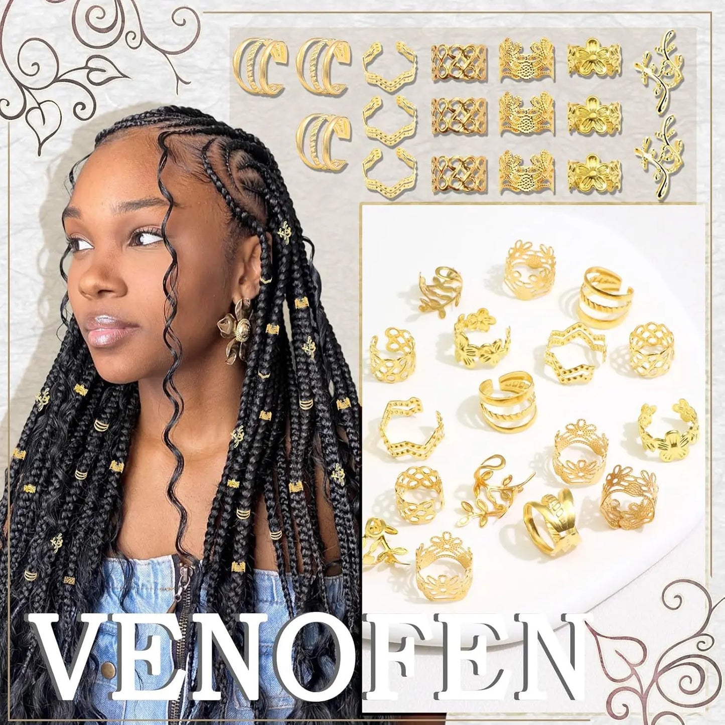 32-60PCS Human Hair Braiding Rings Kit — Gold, Silver & Wood Dreadlock Accessories Set for Men & Women Hair Styling