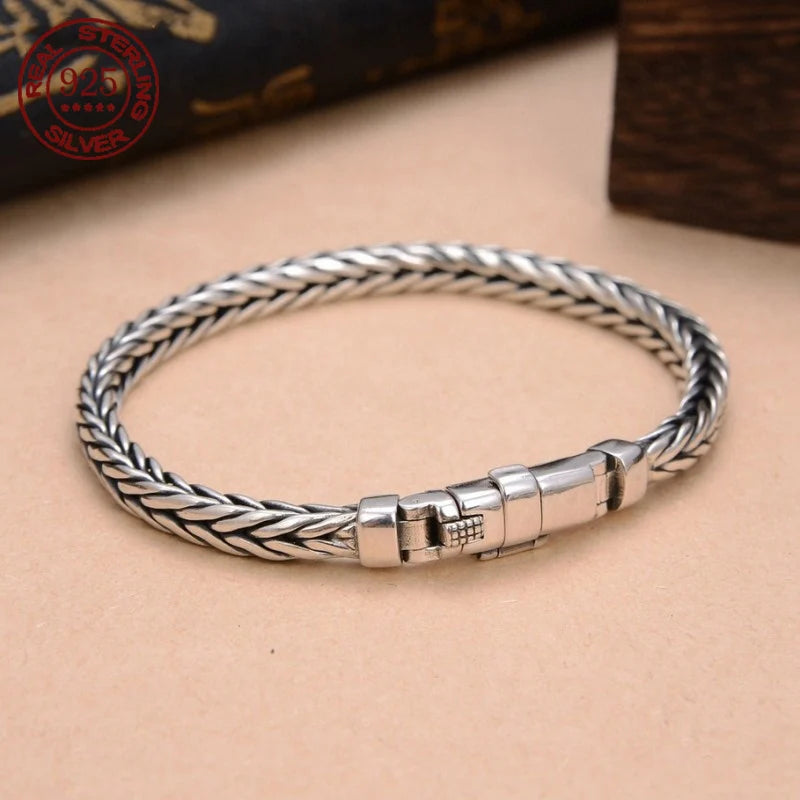 S925 Sterling Silver Woven Bracelet - Handmade Retro Unisex Jewelry with Bold Personal Style