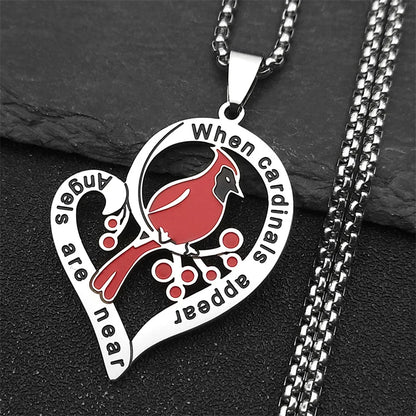 Heart Love Cardinals Pendant Necklace - Stainless Steel Silver Tone Family Amulet Chain Jewelry Gift for Women & Men