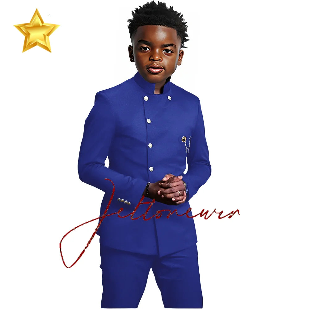 African Style Boys Suit - Stand Collar Blazer and Pants 2 Piece Casual Business Kids Formal Wear