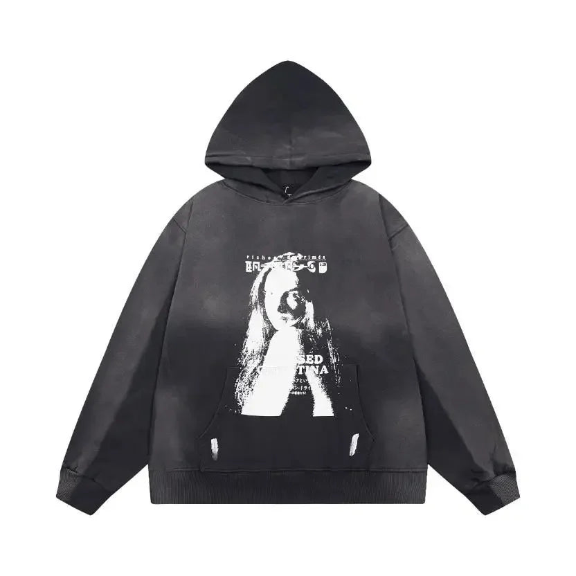Washed Casual Hoodie Sweatshirt — Unisex Loose-Fit Street Style Crew Neck with Lip Print Letter Design, Vintage Comfortable Top