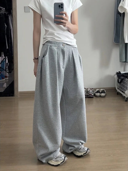 HOUZHOU Vintage Baggy Sweatpants for Women – Y2K Korean Wide-Leg Pants, Zipper Fly, Casual Streetwear, Autumn 2024 Loose Fit