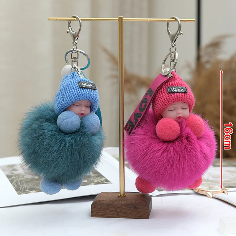 Cute Pompom Sleeping Baby Keychain - Fluffy Plush Doll Bag Charm, Key Ring & Gift for Women and Girls