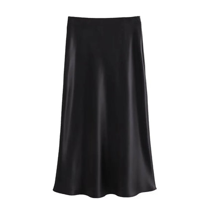 Willshela 2024 Women’s Black Satin High Waist Midi Skirt – Elegant Long Office & Summer Fashion Skirt for Women, Slim Fit Casual Wear