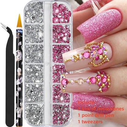 12-Grid 3D Glass AB Crystal Nail Art Rhinestones Kit – Flatback Round Beads with Tools for Nail Jewelry & Diamond Decoration