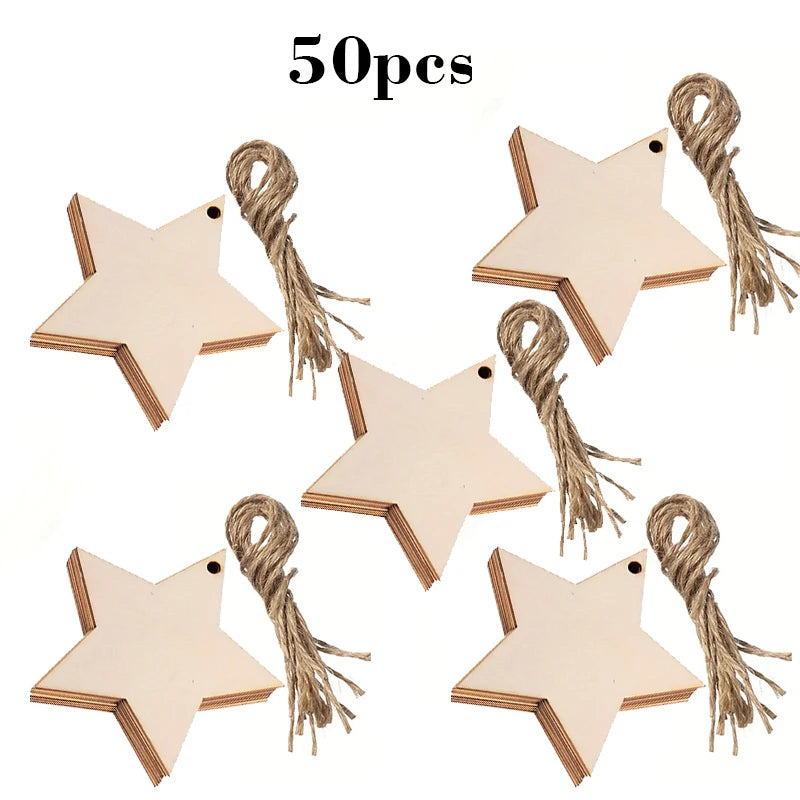 Unfinished Wooden Star Hanging Pendants (20/30/40/50pcs) – DIY Craft Wood Slices for Christmas Tree & Decoration Ornaments