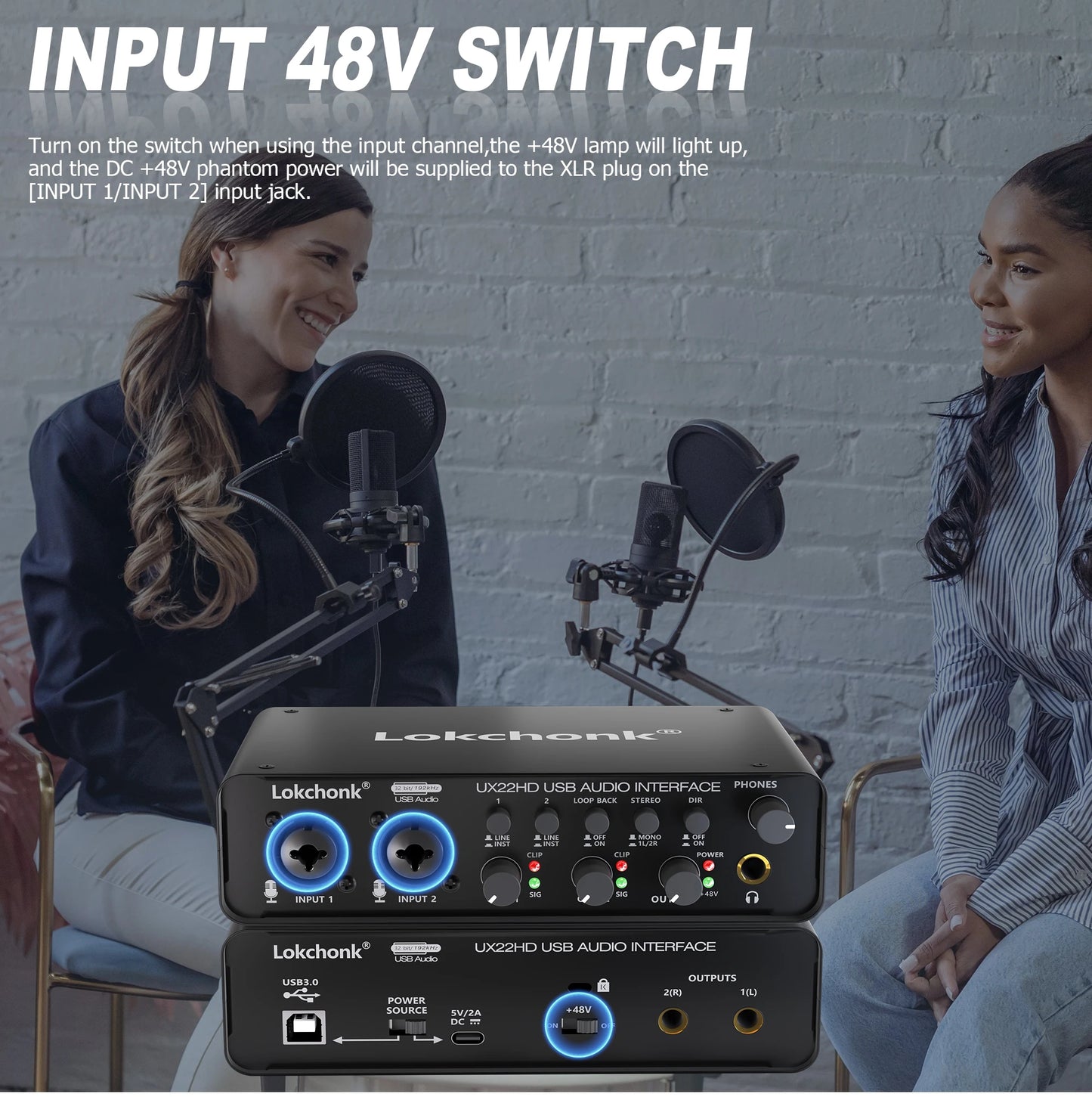 UX22 Audio Interface Sound Card – 32-bit/192KHz AD Converter for Electric Guitar, Live Recording, Studio Singing & Podcast