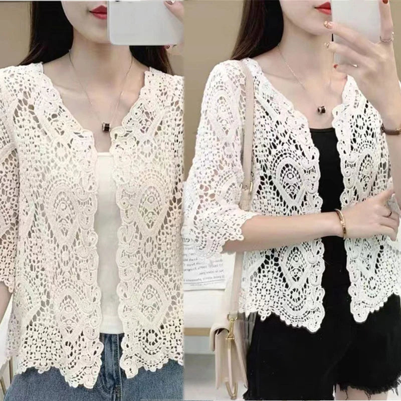 Women’s Knitted Lace Shrug – Boho Hollow Crochet Floral 3/4 Sleeves, Open Front Cropped Cardigan, Elegant Mesh Sweater Cover-Up