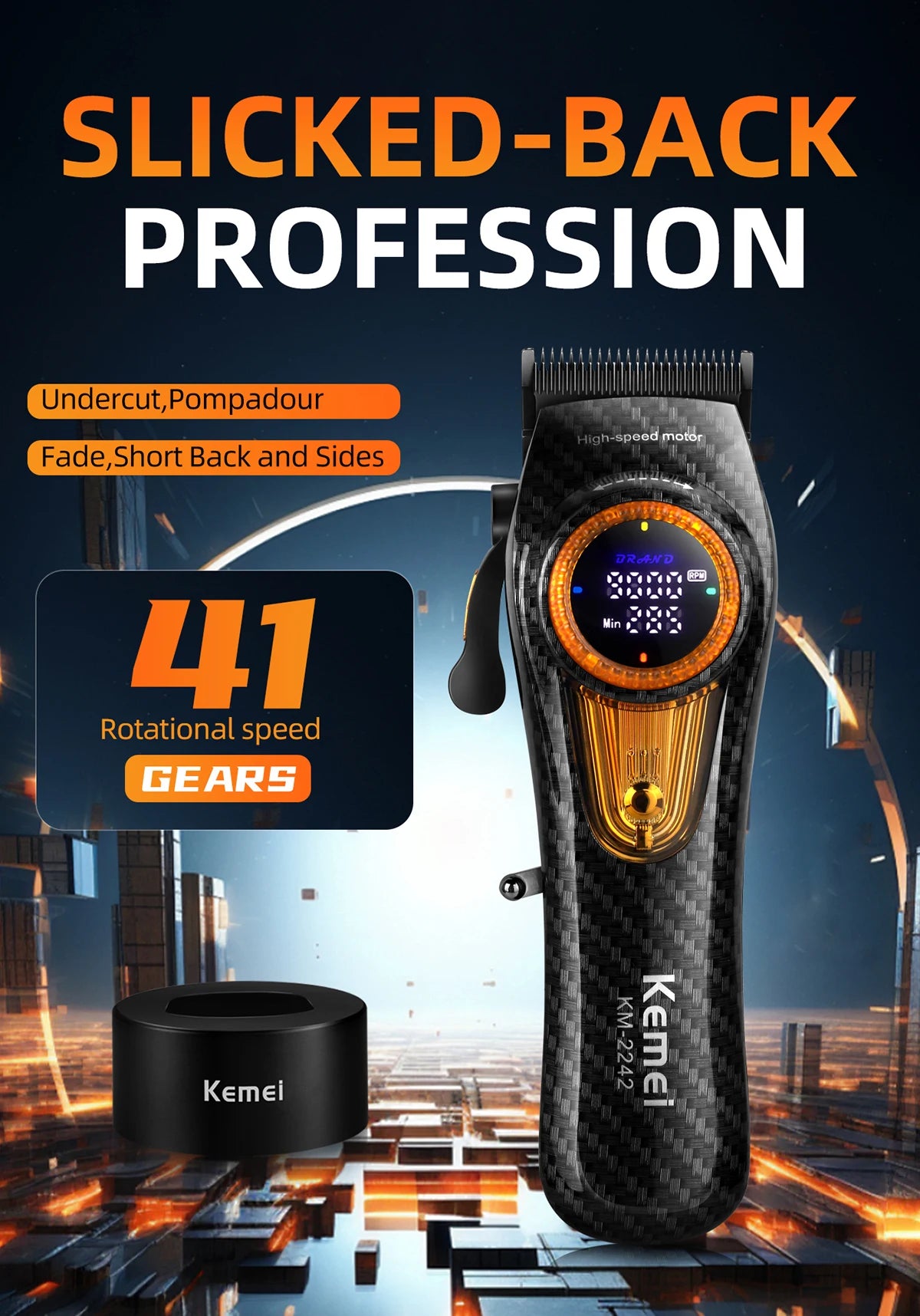 Kemei Professional Hair Clipper – 9000 RPM Electric Hair Cutting Machine, Adjustable Cordless Trimmer with Base for Barbers