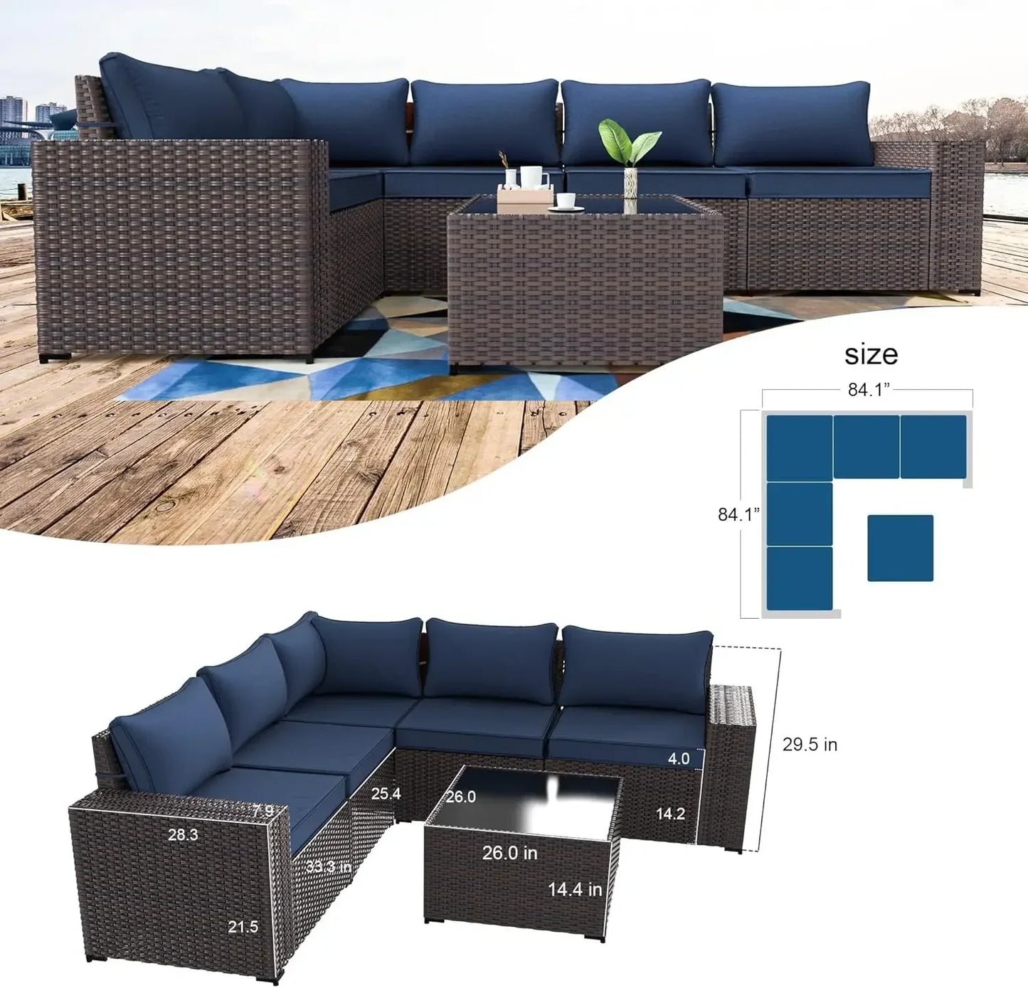 6-Piece Outdoor Patio Furniture Set – PE Wicker Rattan Sectional Sofa with Navy Blue Cushions, Fast Shipping