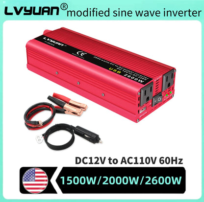 1500W-2600W Car Power Inverter – Portable DC12V to AC110V Charger for Phone, Laptop, Camera with US Socket