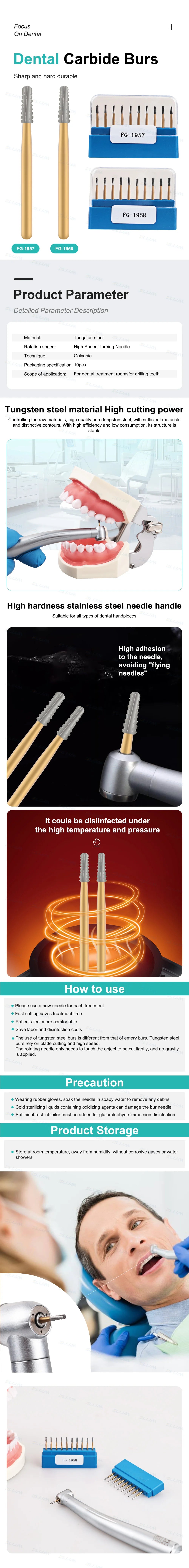 10Pcs/Box FG1957/FG1958 Dental Carbide Burs - Golden High-Speed Tungsten Steel for Crown Metal Cutting, Dentistry Tools
