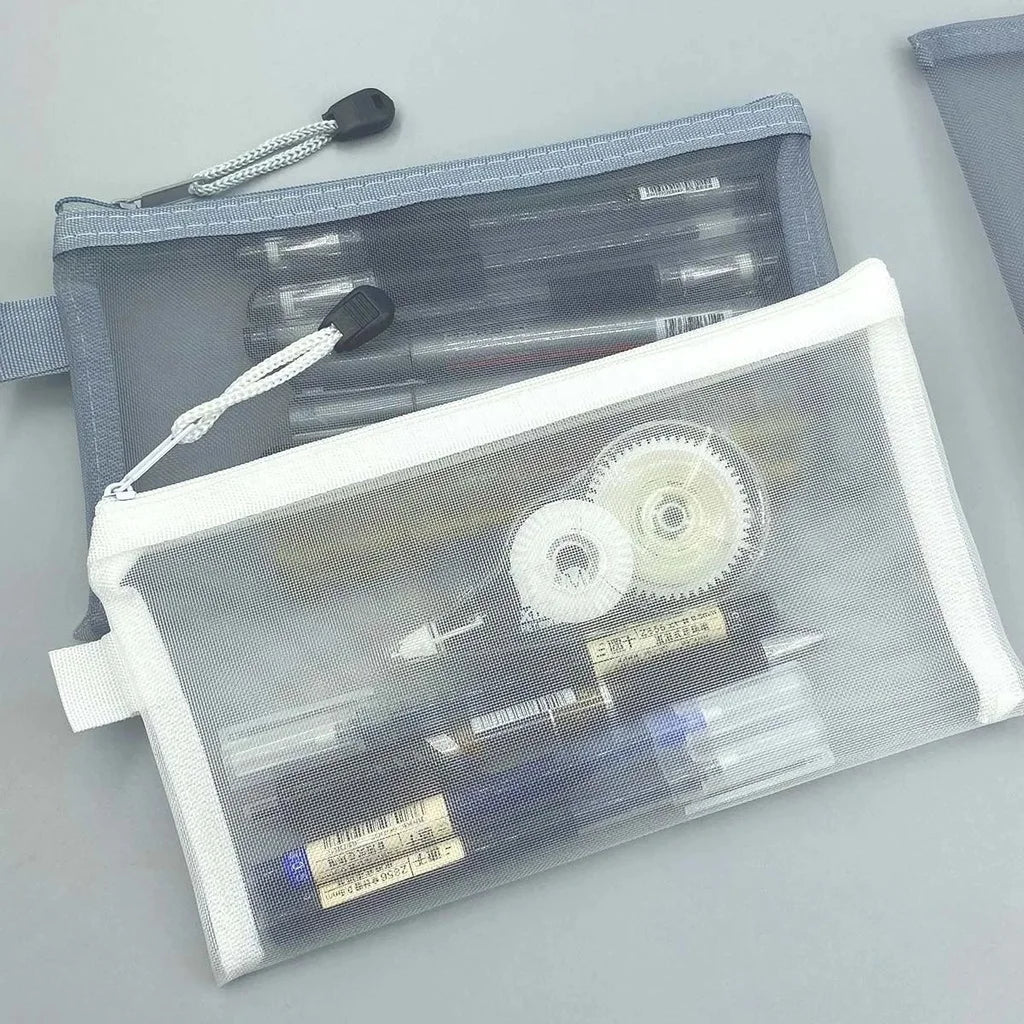 Large Transparent Mesh Pencil Case — Nylon Zip Storage Bag for School & Office Supplies