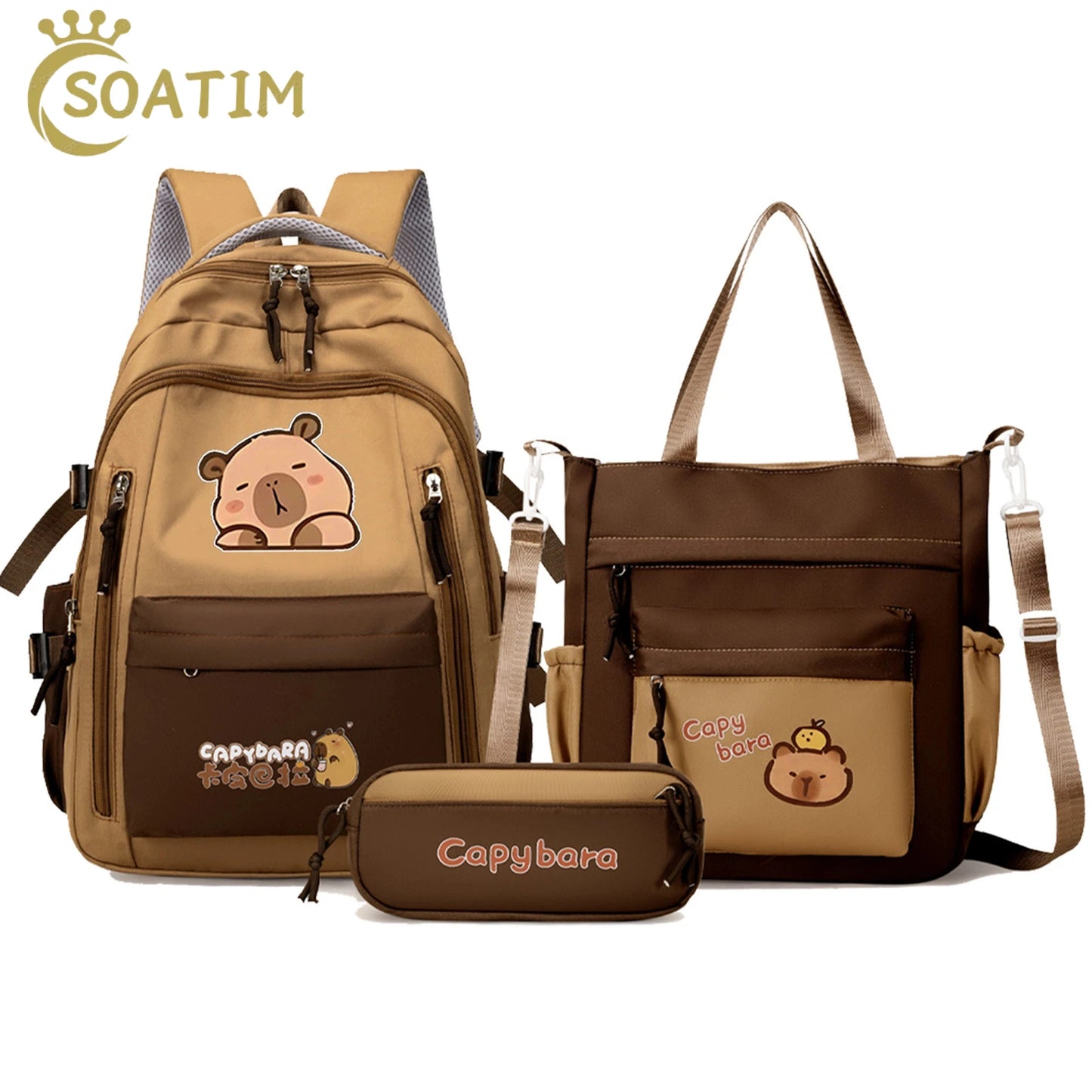 Kawaii Capybara School Backpack Set – Cute Girls Casual Daypack, Kids Bookbag & Travel School Bag Set