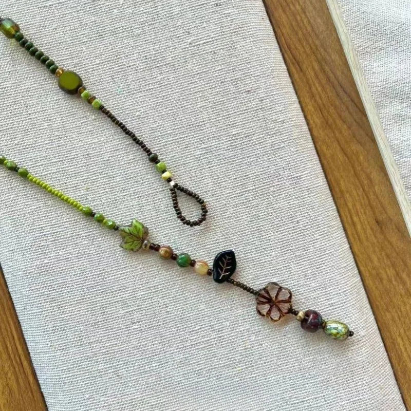 Ethnic Stone Beaded Flower Necklace - Hollow Pendant Adjustable Rope Chain Boho Beach Jewelry Gift for Women