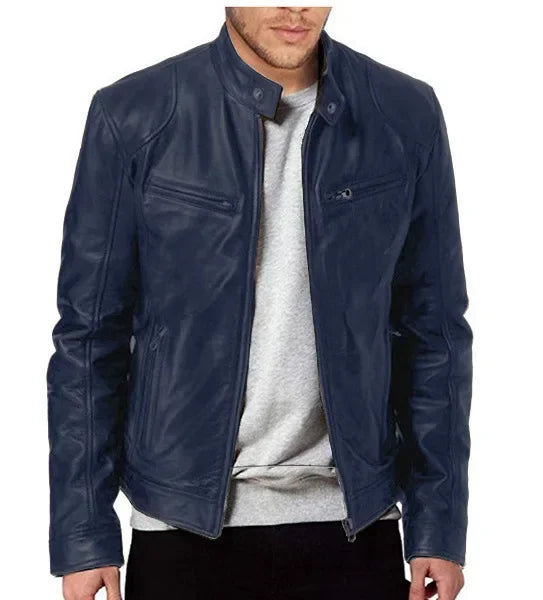 Men’s Slim Fit Motorcycle Leather Jacket – Short Lapel PU Zipper Windproof Coat for Autumn