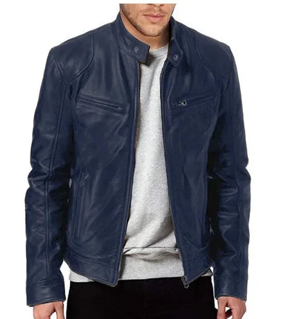 Men’s Slim Fit Motorcycle Leather Jacket – Short Lapel PU Zipper Windproof Coat for Autumn