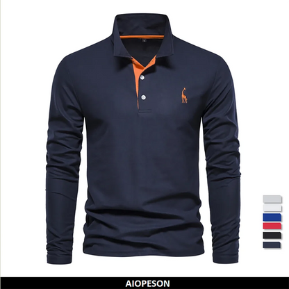 Men's Long Sleeve Embroidered Polo Shirt - Business Casual Solid Color Deer Design