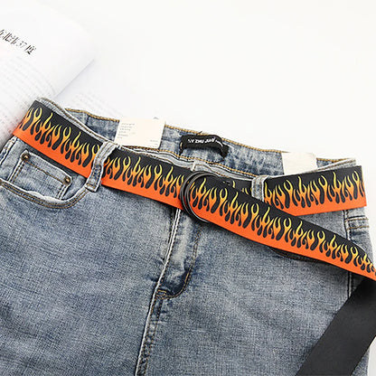 Hip Hop Fashion Canvas Belt – Personalized Flame Design, Casual & Punk Cowboy Belt for Men & Women