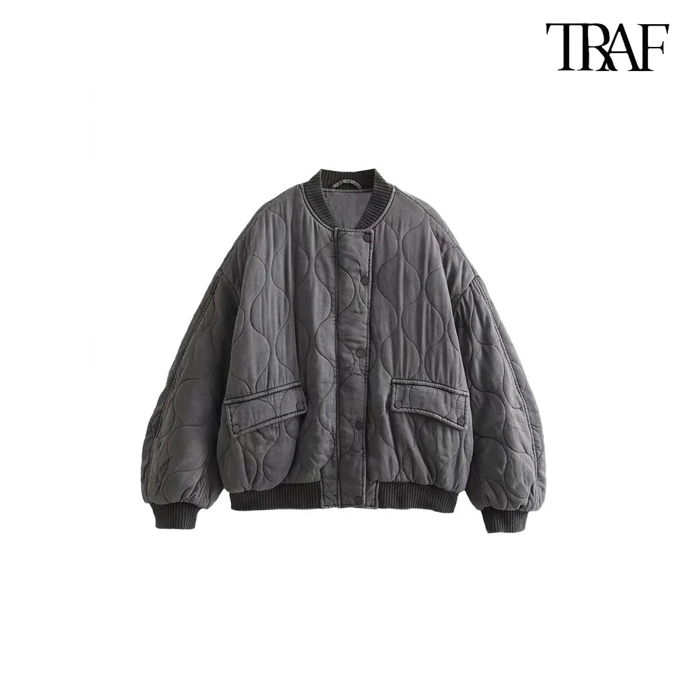 TRAF Women’s Quilted Aviator Jacket – Solid Color Round Collar Long Sleeve Casual Coat