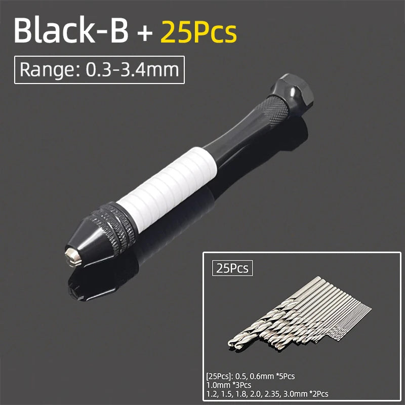 Mini Aluminum Hand Drill 0.3–3.4mm – Keyless Chuck Micro Rotary Tool with HSS Twist Drill Bit Set for Wood & DIY Crafts