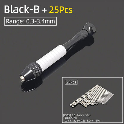 Mini Aluminum Hand Drill 0.3–3.4mm – Keyless Chuck Micro Rotary Tool with HSS Twist Drill Bit Set for Wood & DIY Crafts