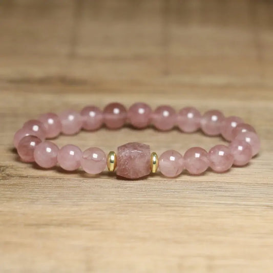Natural Stone Beaded Bracelet – Strawberry Crystal & Yellow Jade Bohemian Minimalist Adjustable Crystal Jewelry for Women & Men