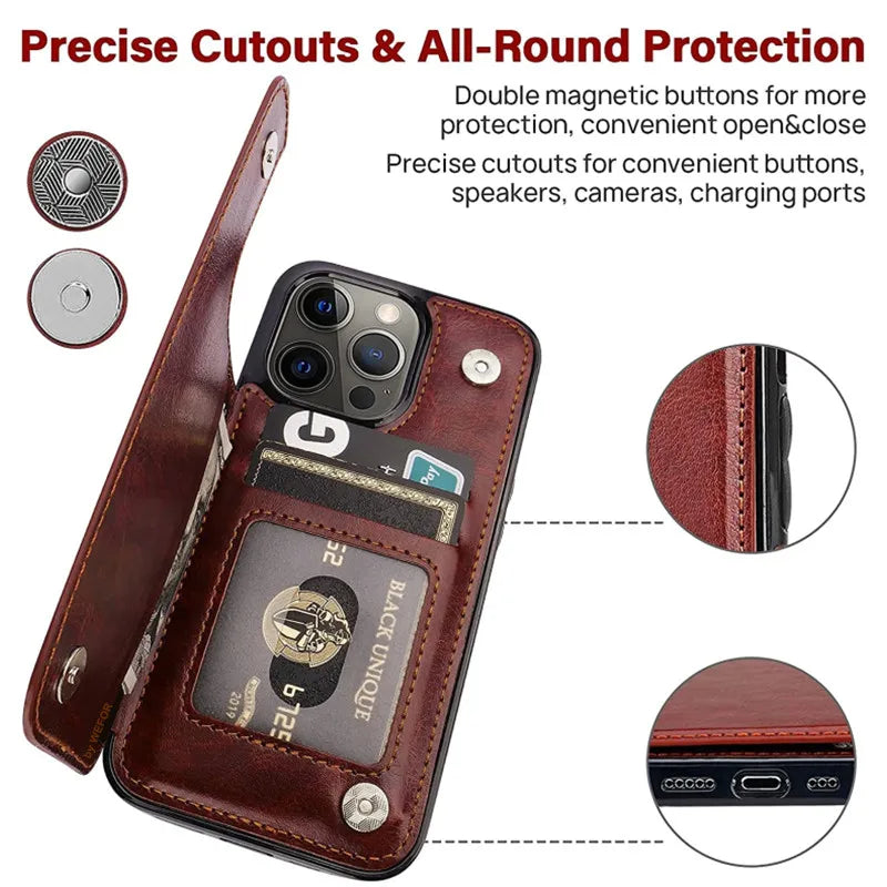 Luxury PU Leather Wallet Case - Kickstand Card Holder Cover with Slots for iPhone 15 14 13 12 11 Pro Max SE X XR XS Max 8 7 6 Plus