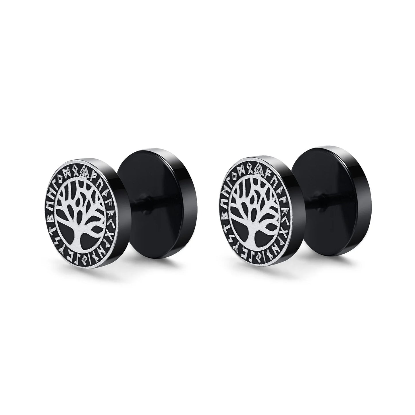Vnox Men's Viking Black Stud Earrings - Vegvisir & Norse Valknut, Cool Punk Stainless Steel Set