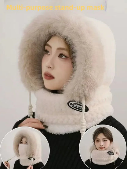 Women’s Winter Plush Hat with Hood & Scarf – Warm Thick Windproof Thermal Cap with Ear Protection for Outdoor Cycling & Riding