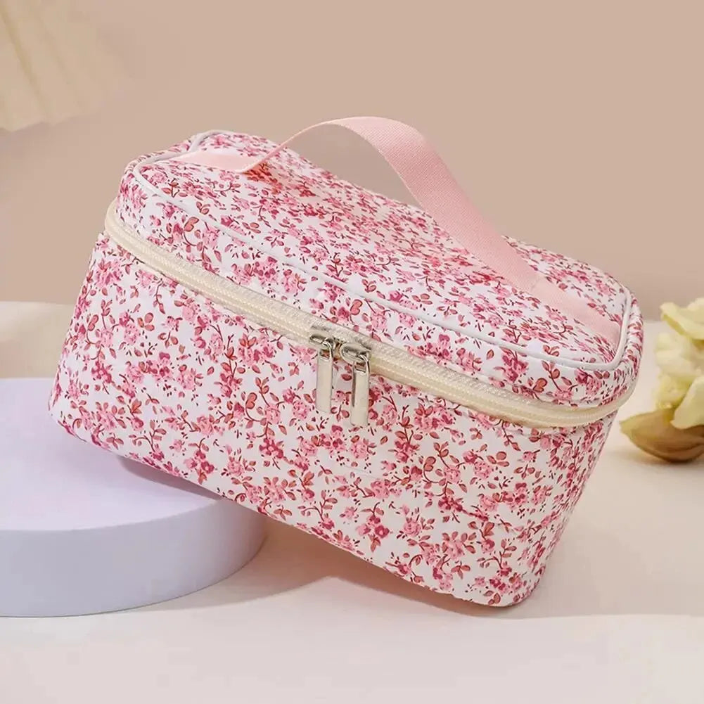 Cotton Floral Cosmetic Pouch – Dual Zipper Makeup Organizer, Portable Travel Storage & Wash Bag