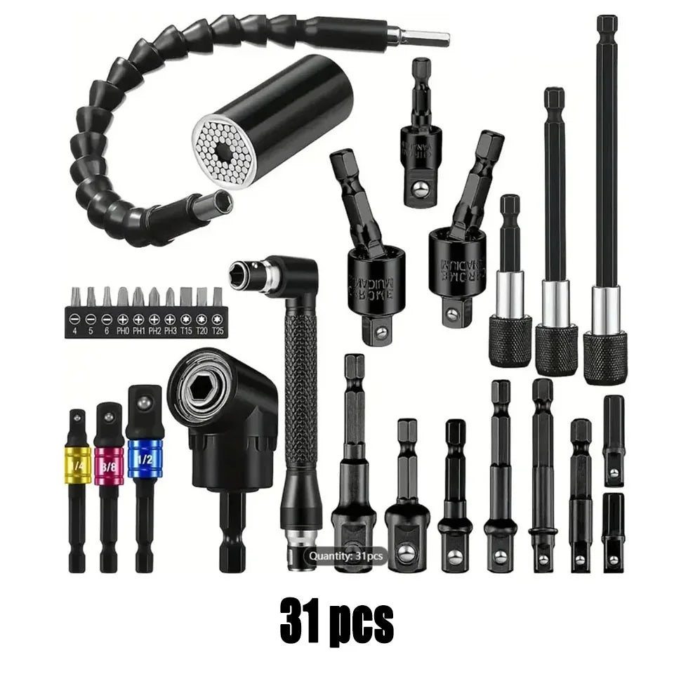 Flexible Drill Extension Kit – 105° Right Angle Drill Adapter with Universal Sleeve, Multi-Size Drill Extender Tool for Tight Spaces