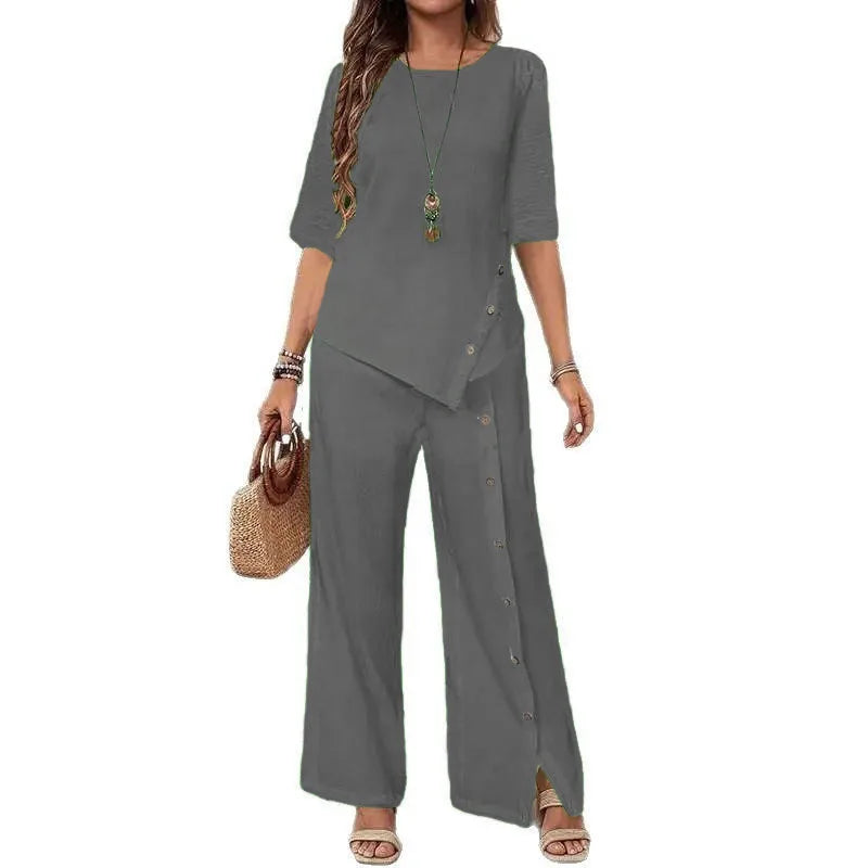 Women's Irregular Hem Two-Piece Set - Elegant Short-Sleeve Button Shirt & Loose Casual Trousers Outfit