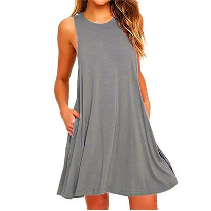 Women's Summer Casual T-Shirt Dress - Sleeveless Pleated Beach Cover-Up with Pockets