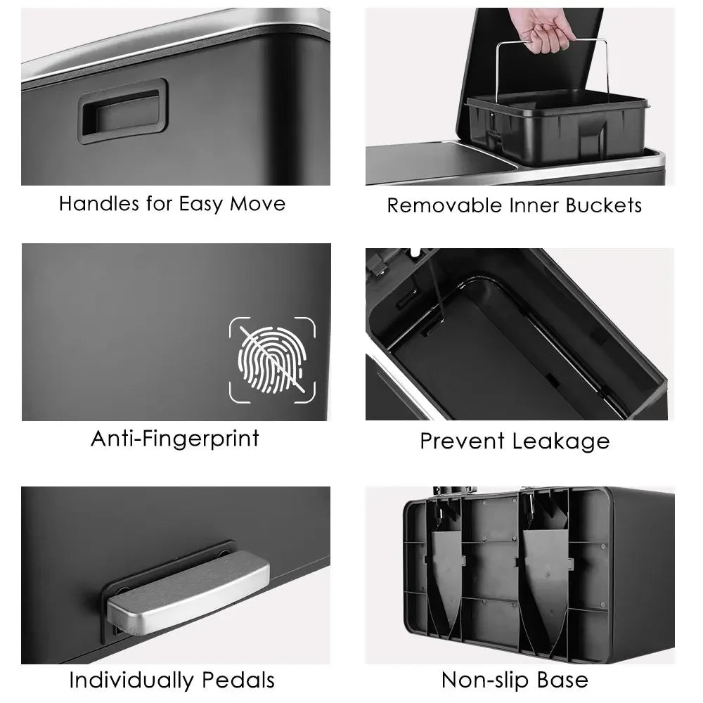 60L Dual Compartment Kitchen Step Trash Can – Hands-Free, Soft-Close Lid, Brushed Stainless Steel
