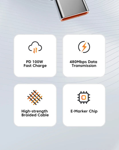 Toocki PD 100W/60W Type-C to Type-C Cable – Quick Charge 3.0 Fast Charging for iPhone 15, Huawei, Samsung, Xiaomi