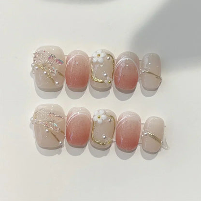 10 Pcs Pink Handmade Press-On Nails – Full Cover Bear & Heart Design with Rhinestones, Short Round Manicure Tips
