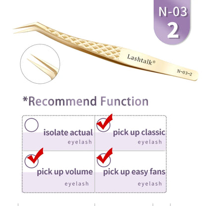 Lashtalk Precision Fiber Tip Tweezer - Diamond Grip Anti-Slip Gold Stainless Steel for Eyelash Extensions Makeup by Nagaraku