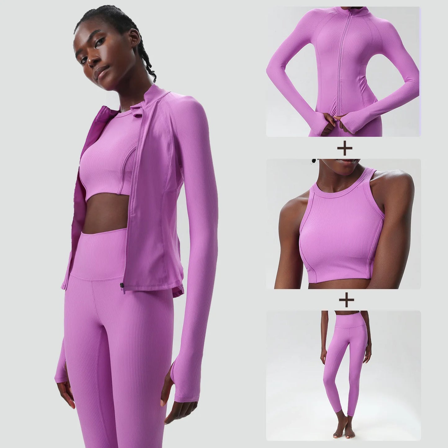 3PCS Women’s Fitness Yoga Set – Solid Color Ribbed Long Sleeve Top & High Waist Leggings, Breathable Workout Sportswear
