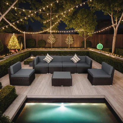 7-Piece Outdoor Patio Furniture Set with Cushions – PE Rattan Modular Sofa Set, Coffee Table & Pillows