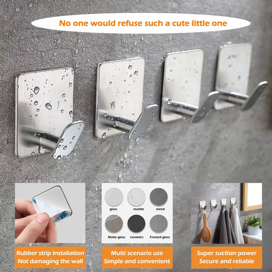 Bathroom Adhesive Wall Hooks - Stainless Steel Multi-Purpose Towel Rack Hooks for Kitchen & Home Storage