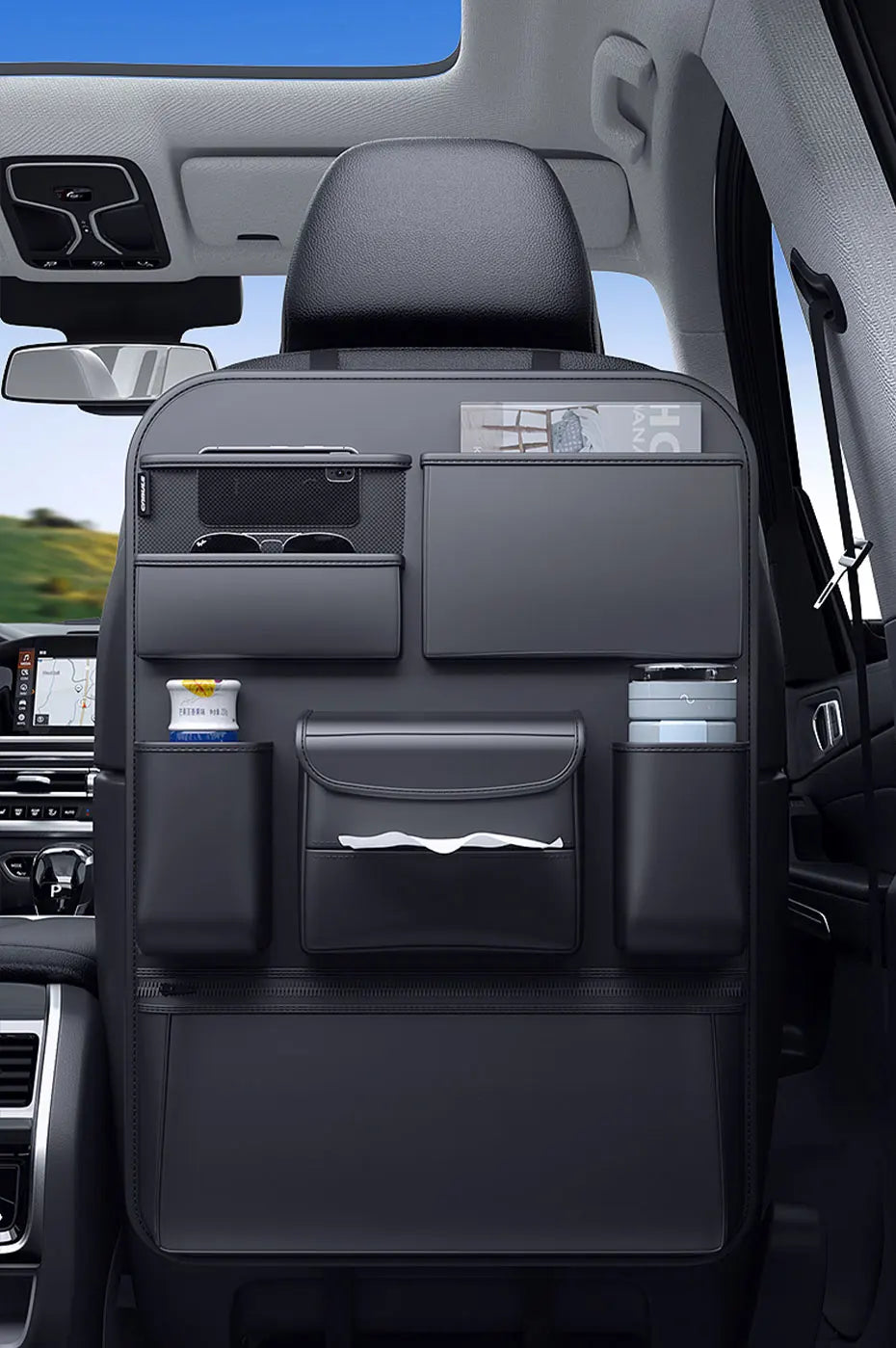 SEAMETAL Car Seat Back Storage Bag – PU Leather Auto Organizer with Tissue Box, Multifunctional Car Storage Accessory