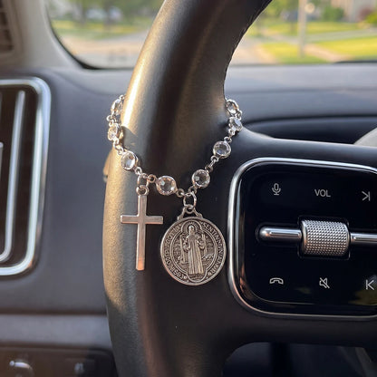 Catholic Rosary Car Pendant - St. Benedict Medal and Cross Religious Auto Interior Accessory