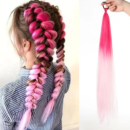 26" Synthetic Ponytail Extension - Long Straight Ombre Pink Purple Blue Hair with Elastic Tie