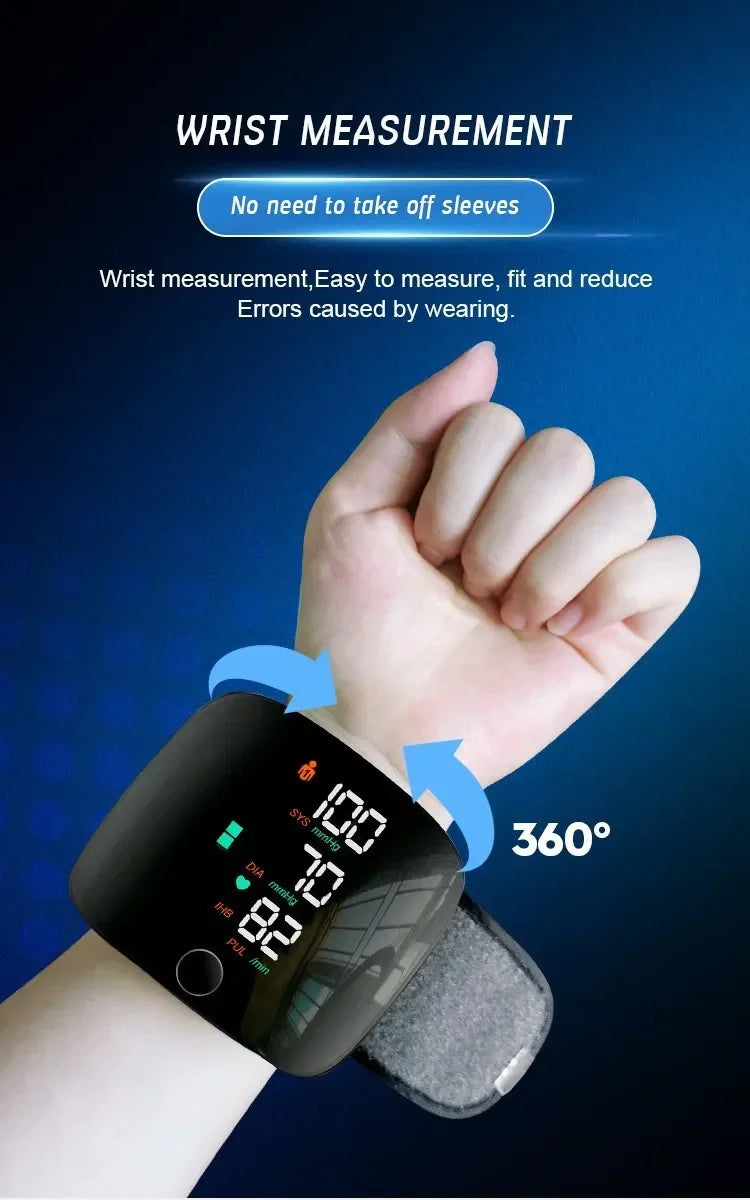 LED Rechargeable Wrist Blood Pressure Monitor – English, Russian, Portuguese, Spanish Voice Broadcast Tonometer