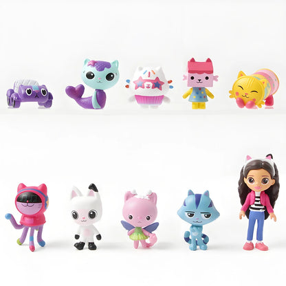 Anime Cartoon Figure Set - 10pcs Cute Smiling Cat Car Hug Dolls, Collectible Toys & Birthday Gifts
