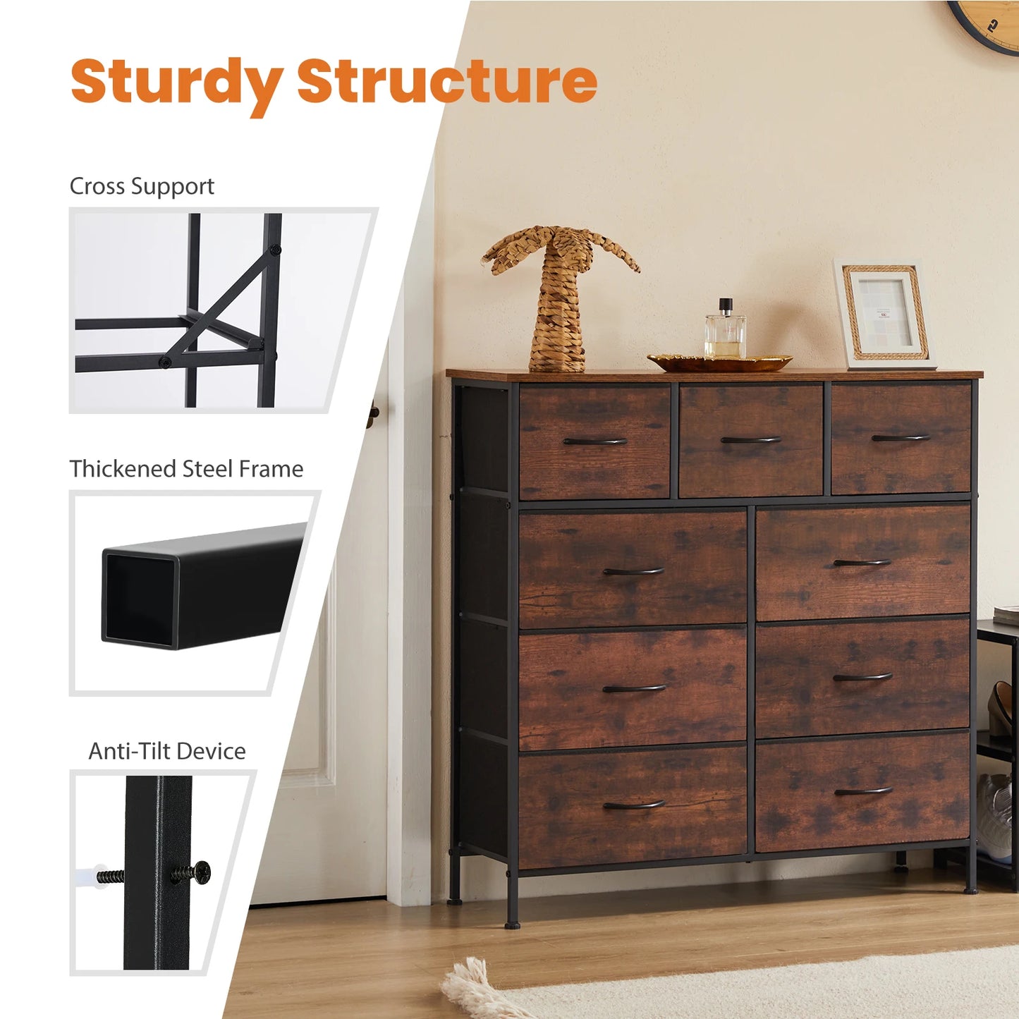 Dresser for Bedroom – 9 Fabric Storage Drawers, Tall Chest Organizer for Adult & Kids Clothes, Closet Cabinet Furniture