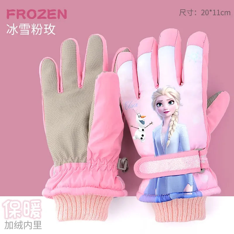 Hasbro Princess Elsa Finger Ski Gloves - Cute Kawaii Velvet, Thickened & Waterproof Gloves for Girls, Warm Winter Kids Gloves